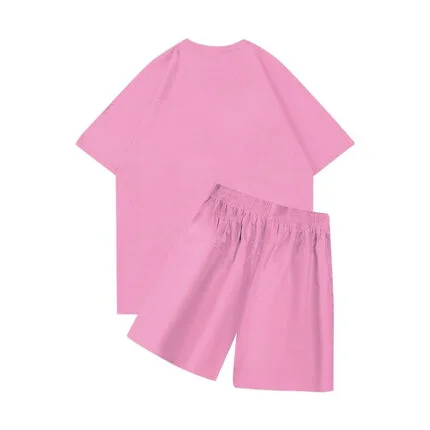 Nofs Pink Summer Tracksuit is a stylish pink t-shirt and shorts ensemble for casual comfort and active wear.