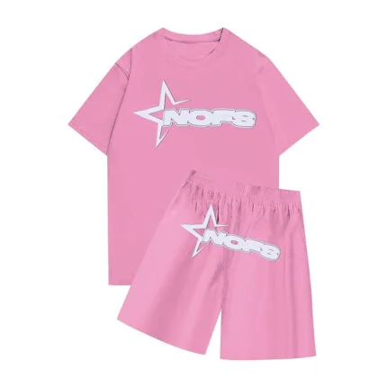 Nofs Pink Summer Tracksuit is a stylish pink t-shirt and shorts ensemble for casual comfort and active wear.